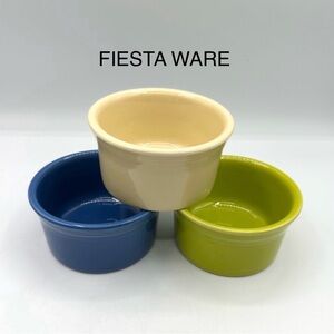 3 8 oz Fiesta Ware Ramekins in blue, green and pale yellow